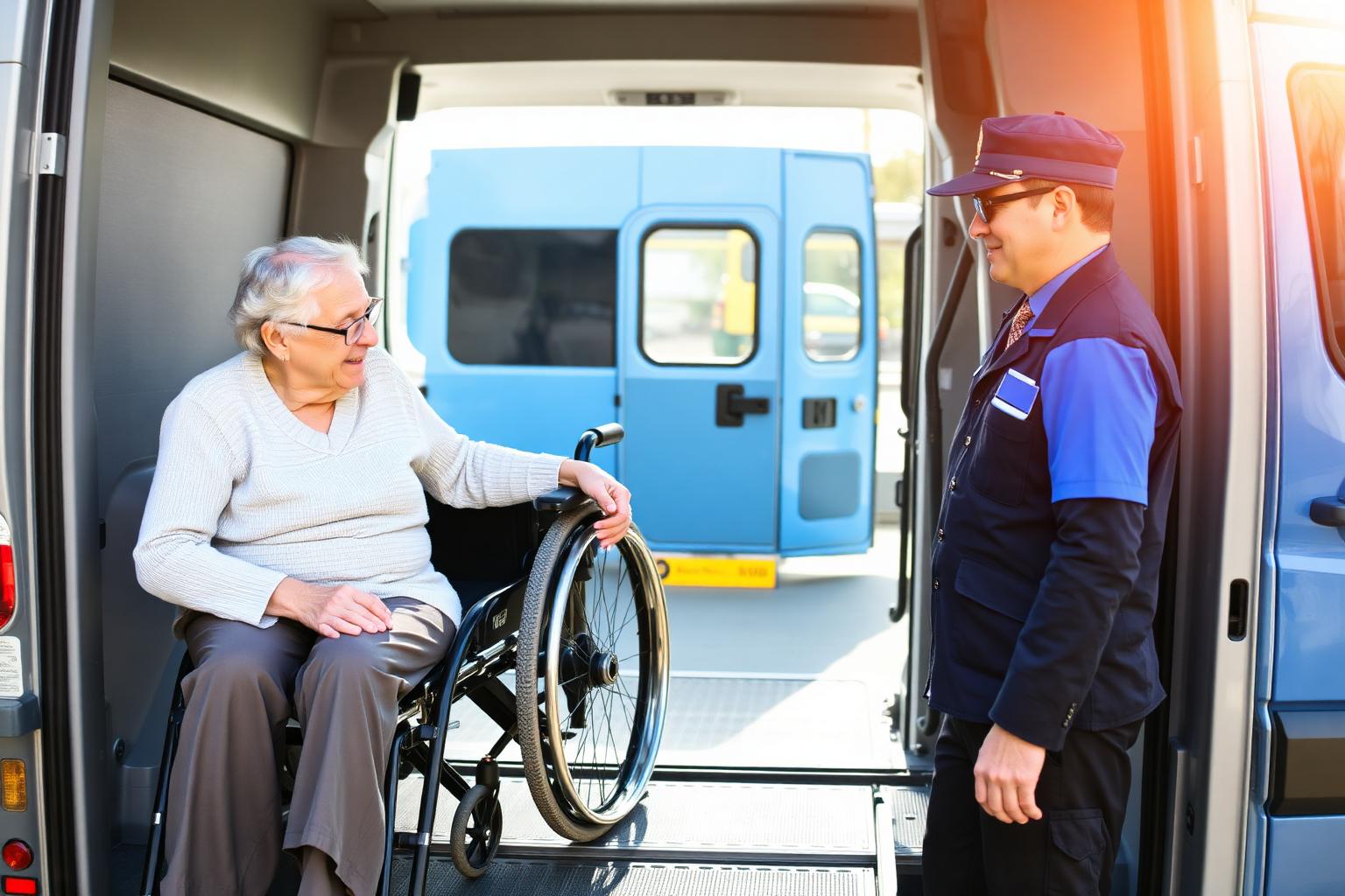 VivYu driver compassionately assisting a passenger into a wheelchair-accessible medical transportation van